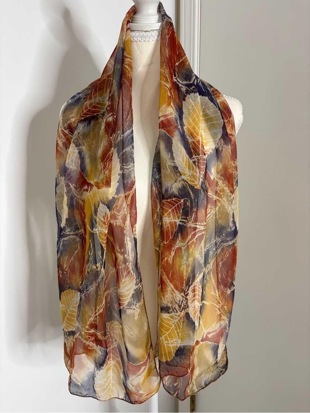 Sheer Leaf-Print Scarf in Rust, Mustard & Navy